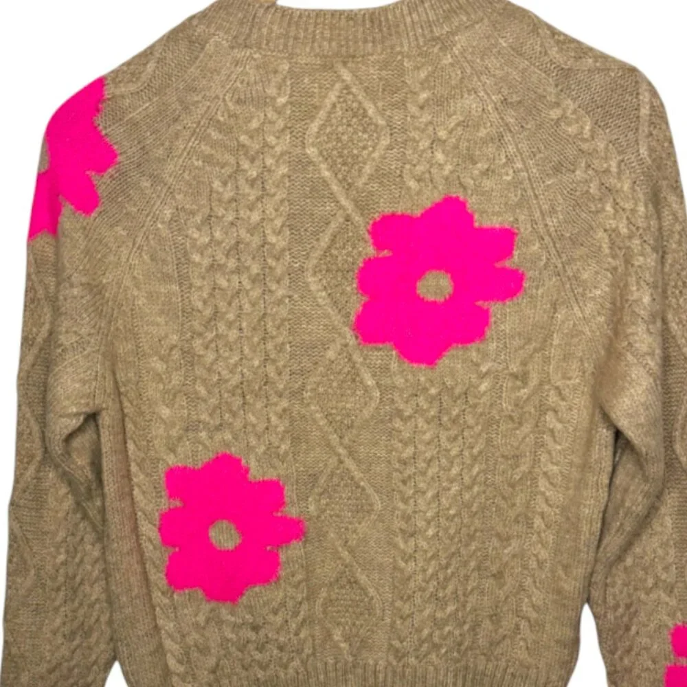 NWT Anthropologie Maeve Cable Knit Floral Sweater Tan Pink Flowers S Retail $128 - Picture 2 of 8
